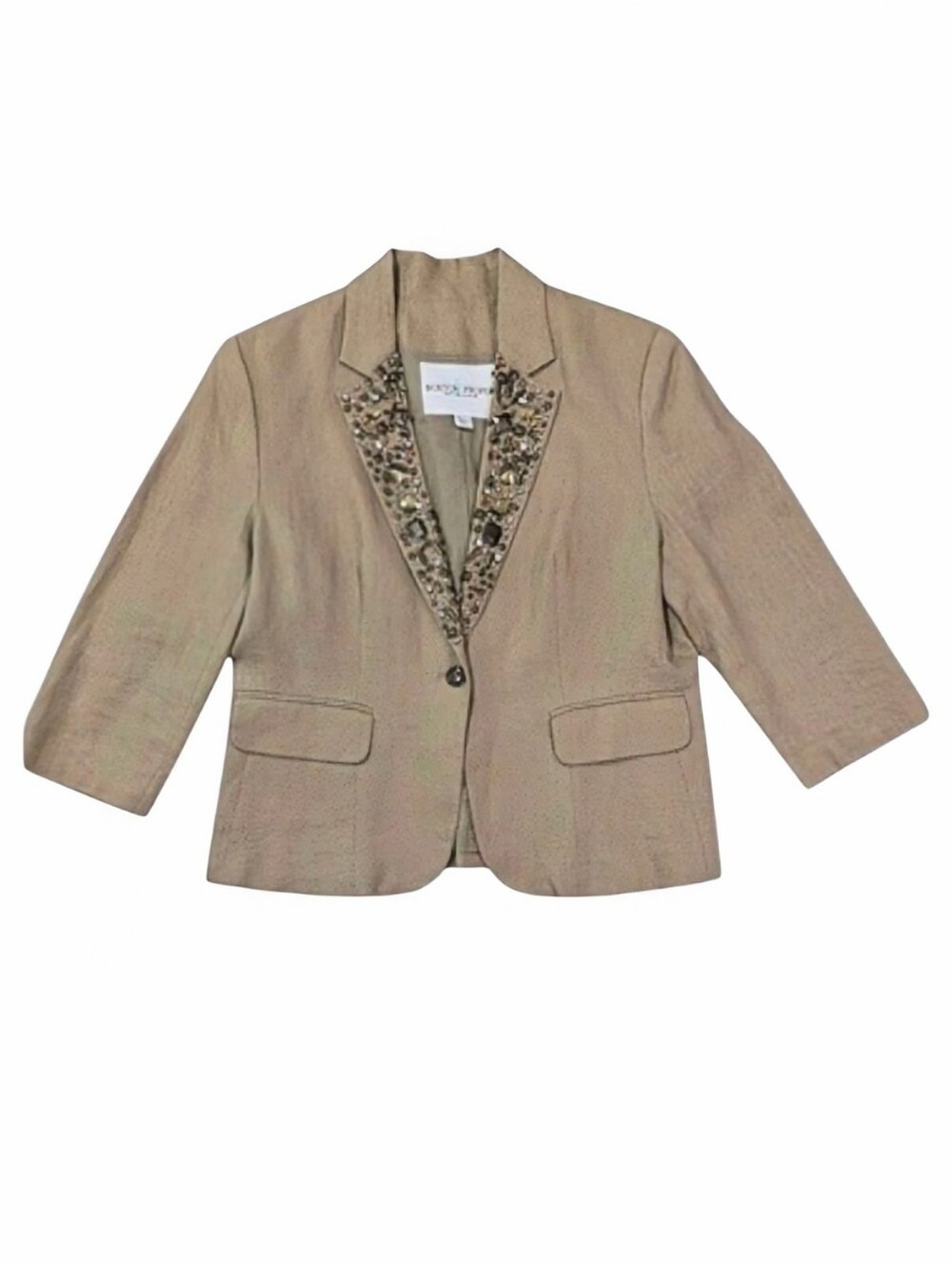 Boston Proper 100% Linen Tan Blazer Jacket Sz 12 Embellished 3/4 Sleeve Mature